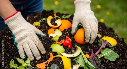 Person's gloved hands mixing organic waste into soil for composting