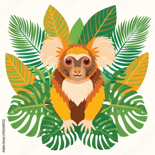 Cartoon lemur surrounded by lush tropical foliage