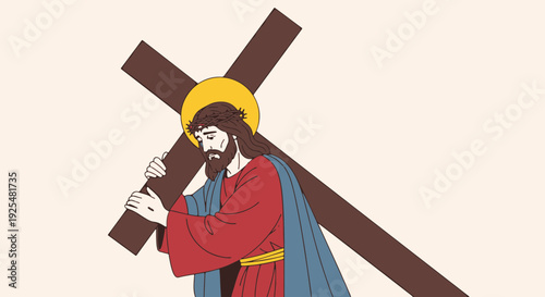 Jesus Christ Bearing the Heavy Wooden Cross a Solemn Moment During the Palm Sunday Journey