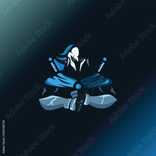 Mysterious Ninja Warrior in Blue and Black Ready for Action.