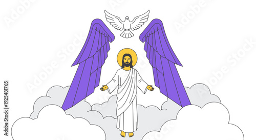 Divine Jesus with Golden Halo Purple Wings and a Dove Ascending from Clouds on Palm Sunday