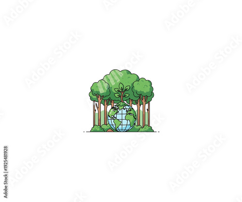 Environmental sustainability icon. Forest and globe nature symbol