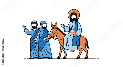 Biblical Scene of Jesus Riding a Donkey Accompanied by Two Disciples for Palm Sunday Tradition
