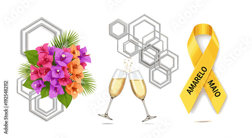 A vibrant illustration celebrating a special occasion with flowers, champagne, and a yellow ribbon