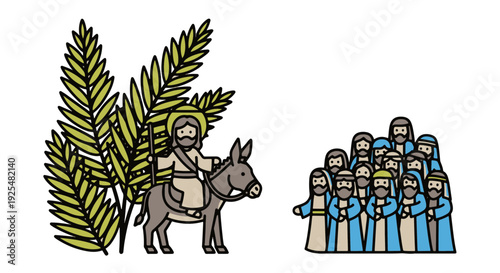 Jesus Entry into Jerusalem on Palm Sunday with Disciples and Green Palm Fronds