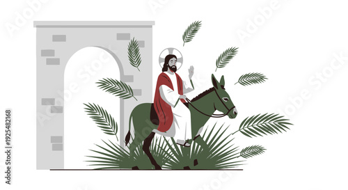 Palm Sunday Triumphal Entry of Jesus on a Donkey Through a City Gate with Palm Fronds