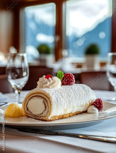 Wallpaper Mural Beautifully Plated Swiss Roll Cake with Raspberries, Whipped Cream, and Powdered Sugar Torontodigital.ca