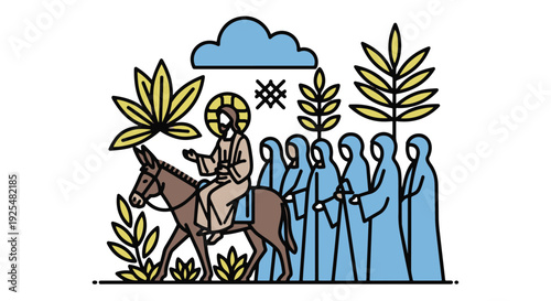 Palm Sunday Procession with Jesus on Donkey and Worshippers Waving Palm Branches and Leaves