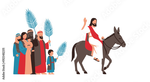 Palm Sunday Jesus on a Donkey Welcomed by Followers with Palm Branches for Celebration