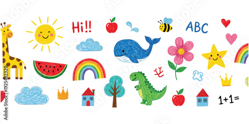 Children’s playful cartoon illustration, educational learning artwork, ABC alphabet design tribute, math activity graphic, cheerful classroom concept, creative childhood theme flat vector illustration