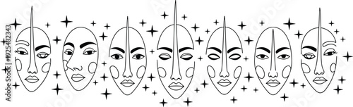 Mystical feminine face line art collection celestial woman vector illustration set