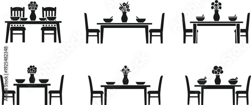 Dining table and chair silhouette vector set with home interior furniture compositions for kitchen restaurant and family dinner scene design.