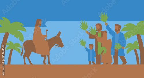 Palm Sunday Procession with Jesus on Donkey and Waving Palm Branches Christian Celebration