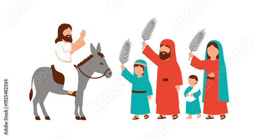 Palm Sunday Entrance of Jesus on a Donkey with Cheerful People Waving Palm Branches
