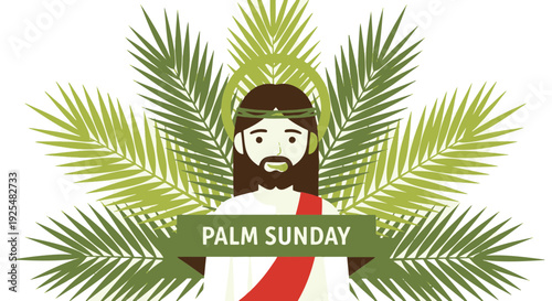 Palm Sunday Christian Observance Featuring Jesus Halo and Abundant Green Palm Fronds with Banner