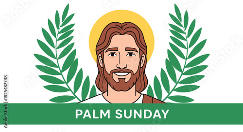 Smiling Jesus Christ with Palm Branches and Halo for Palm Sunday Religious Celebration Design
