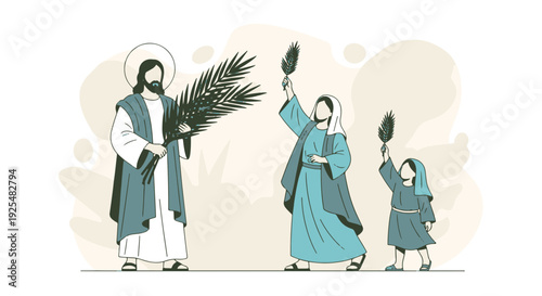Palm Sunday Celebration with Jesus and Followers Holding Palm Branches Marking a Sacred Event