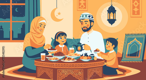 A Muslim family breaking their fast together.