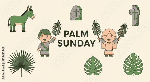 Palm Sunday Celebration with Happy Children Donkey and Stone Crosses Featuring Traditional Religious Symbols