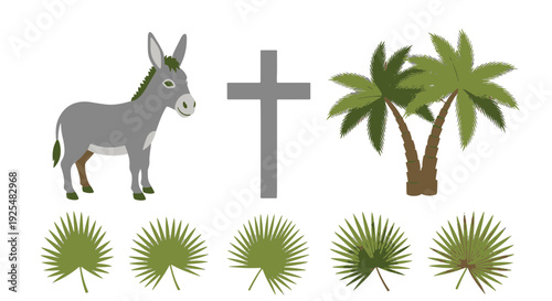 Palm Sunday Religious Celebration Featuring a Donkey Cross and Vibrant Green Palm Fronds
