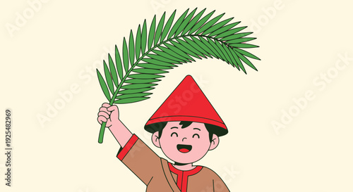 Joyful Child Celebrating Palm Sunday Holding a Traditional Palm Branch with a Happy Expression