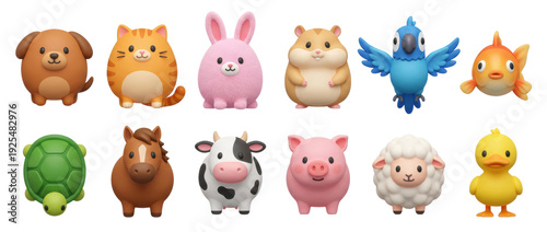 Collection of twelve cute 3D animal characters featuring pets and farm animals like a dog, cat, pig, and sheep, rendered in a charming and playful cartoon toy style