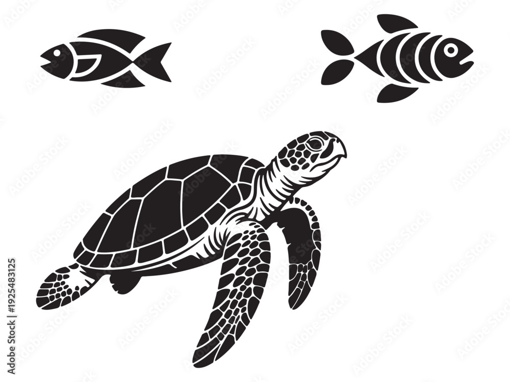 Fototapeta premium Minimalist vector icons of a swimming turtle and fish
