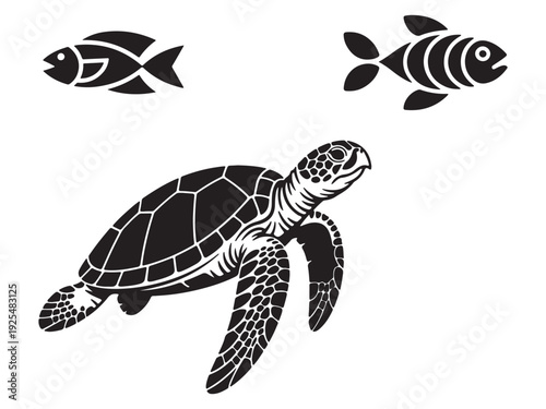 Minimalist vector icons of a swimming turtle and fish