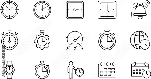 Time Management and Clock Line Icon Set with Stopwatch, Alarm, Calendar, Timer, and Schedule Symbols