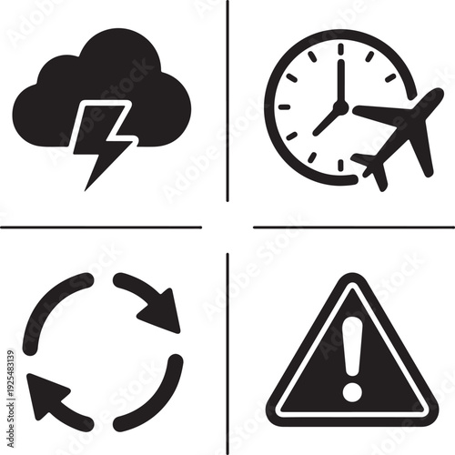 Four black weather airplane clock refresh warning triangle