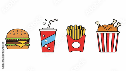 Vibrant collection of essential fast food items a tasty burger, golden french fries, fizzy soft drink, and a bucket of fried chicken, presented in a clean, outlined style