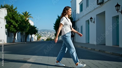Young Woman Walking Confidently Down a Sunny European Street