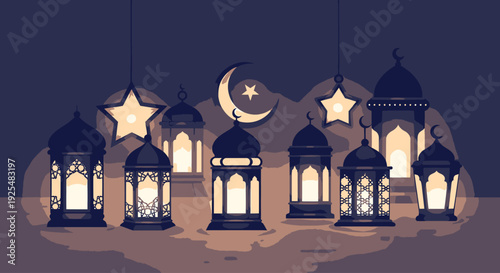 Ramadan lanterns with stars and crescent moon.