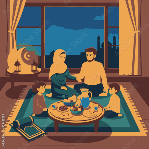 Muslim family breaking fast together at home.