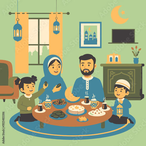 A Muslim family breaking their fast together.