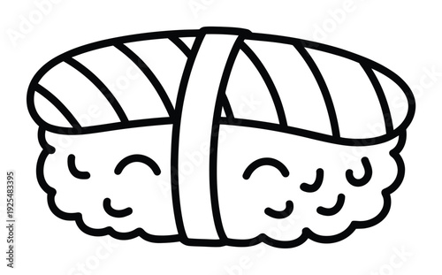 Cute cartoon sushi with a happy face, black and white outline