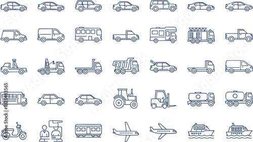 Transportation and Vehicle Line Icon Set with Car, Truck, Bus, Tractor, Airplane, Ship, and Delivery Symbols
