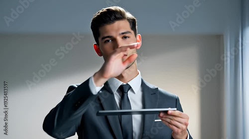 Young Businessman in Suit Gesturing While Holding Tablet in Modern Office