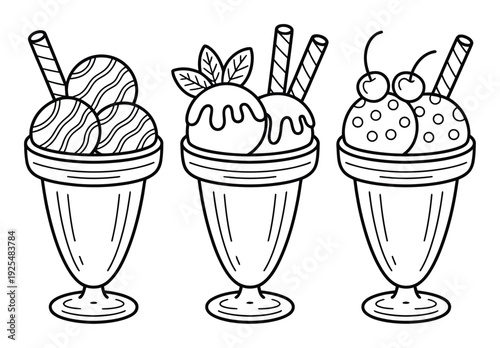 Three delicious ice cream sundaes with toppings in a line