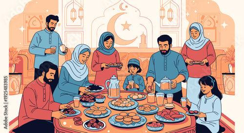 Muslim family gathering for iftar meal.