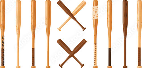 Wooden baseball bat vector set with crossed club composition and different wood textures for sports equipment design isolated on background.
