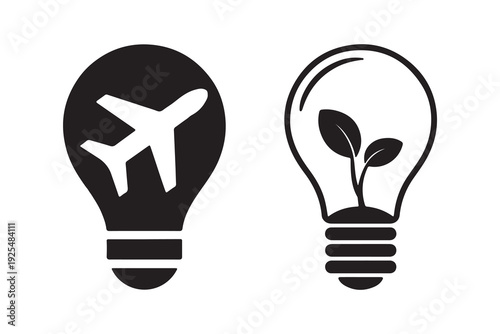 Light bulb icon set with airplane and green sprout for travel and eco innovation.