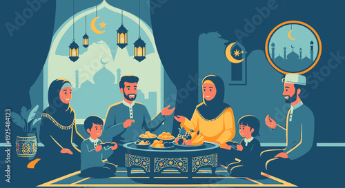 A Muslim family gathering for iftar during Ramadan.