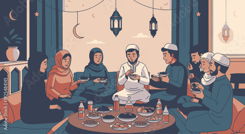 Muslim family gathering for iftar meal.