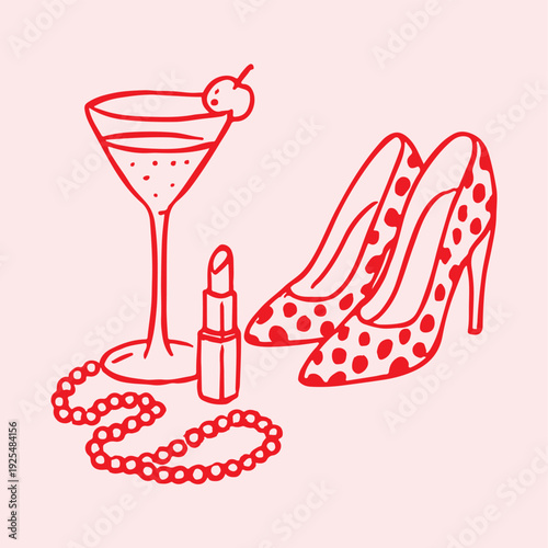 Hand Drawn Glamour Fashion and Cocktail Party Doodle Vector Illustration Set