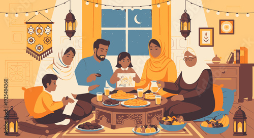 Muslim family gathering for iftar meal.
