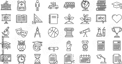 Education and Academic Line Icon Set with School, Graduation, Books, Science, Mathematics, and Learning Symbols