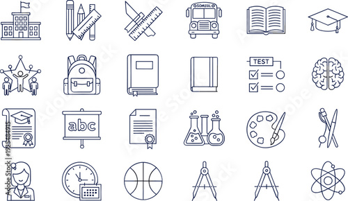 Education and School Line Icon Set with Graduation, Backpack, Books, Science, Mathematics, and Learning Symbols