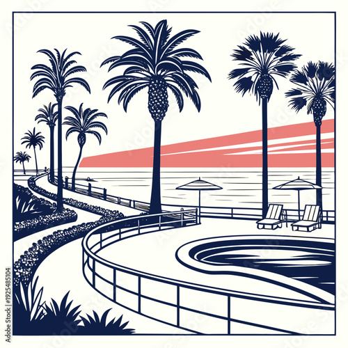 A scenic coastal path with palm trees