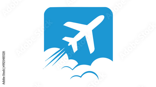 Minimalist airplane taking off over clouds - travel and aviation icon